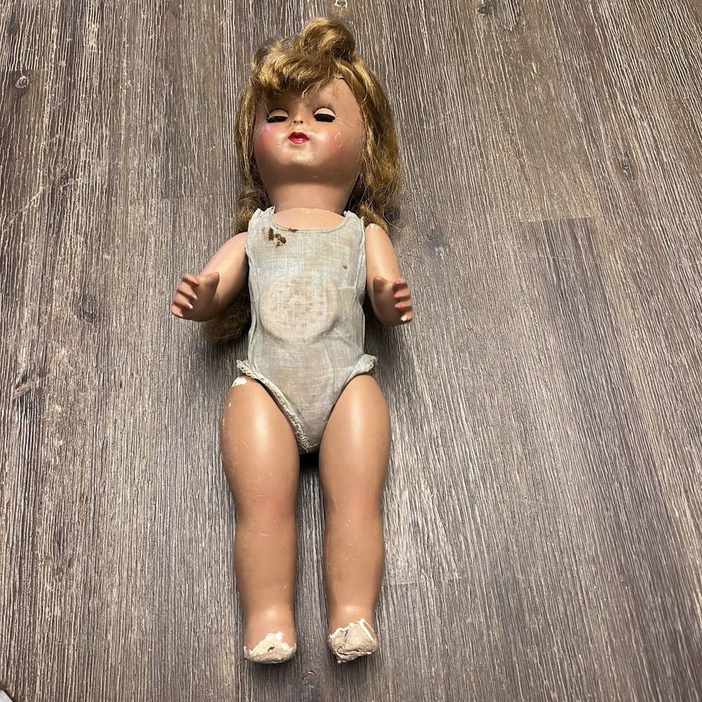 Vintage Unmarked Composition Doll Sleepy Eyes Voice Box As Is 14" Project Toy